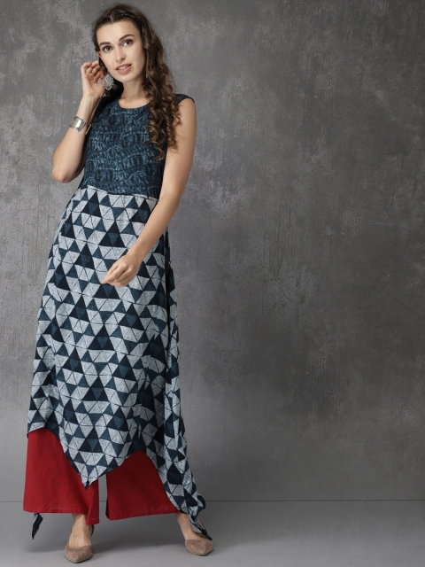 

Anouk Women Blue Printed Asymmetric A-Line Kurta