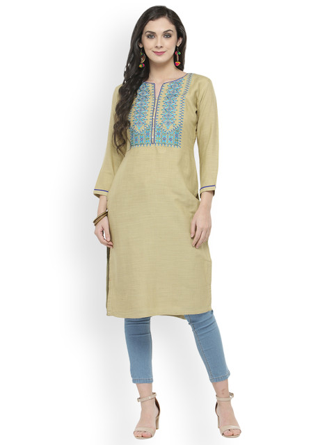 

Kvsfab Women Beige Embroidered Straight Kurta