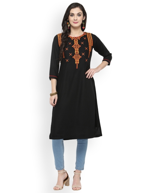 

Kvsfab Women Black Embroidered Straight Kurta