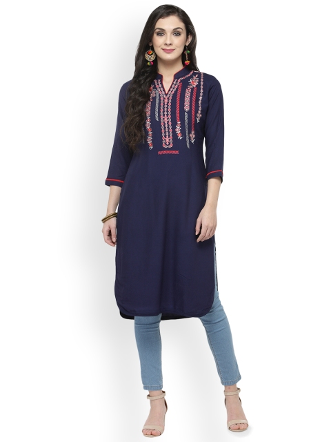 

Kvsfab Women Navy Blue Embroidered Straight Kurta