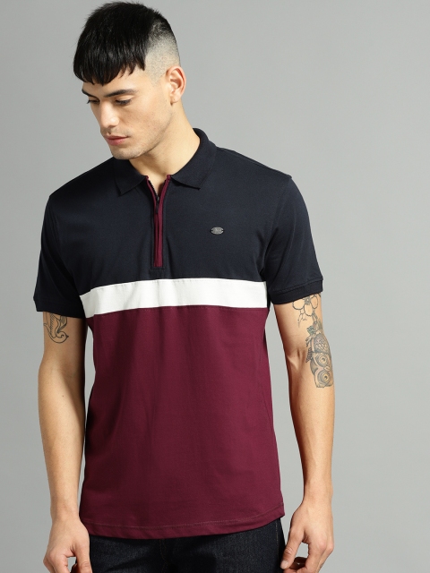 

Roadster Men Burgundy & Navy Blue Colourblocked Polo Collar T-shirt