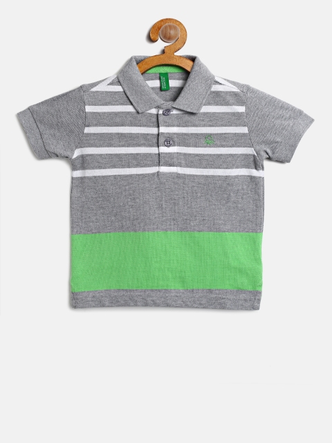 

United Colors of Benetton Boys Grey Melange & White Striped Polo T-shirt