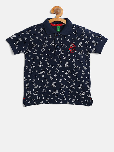 

United Colors of Benetton Boys Navy Printed Polo Pure Cotton T-shirt, Navy blue
