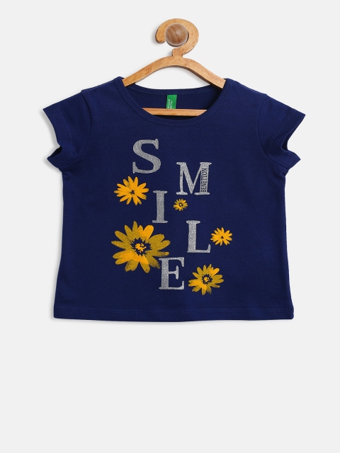 

United Colors of Benetton Girls Navy Blue Printed Round Neck T-shirt