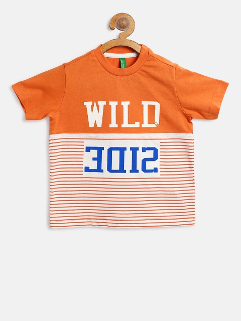 United Colors of Benetton Boys Orange & Off-White Printed Round Neck T-shirt