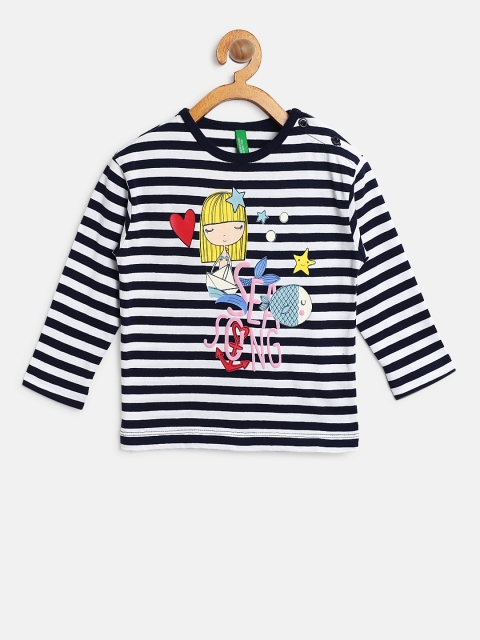 

United Colors of Benetton Girls Navy Blue Striped Round Neck T-shirt
