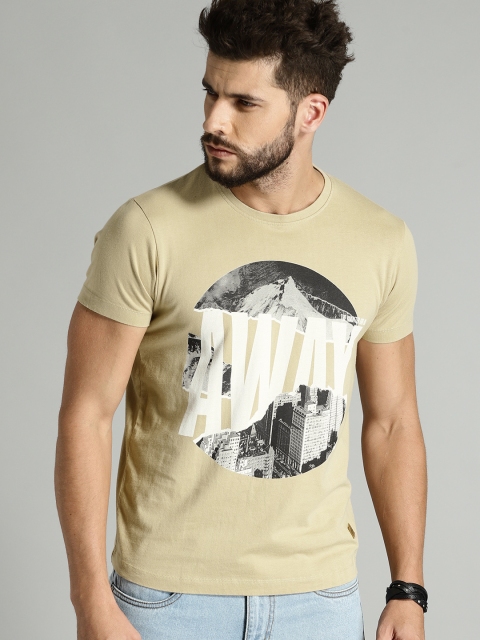 

Roadster Men Beige Printed Round Neck Pure Cotton T-shirt