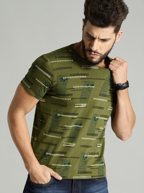 

Roadster Men Olive Green Printed Round Neck Pure Cotton T-shirt
