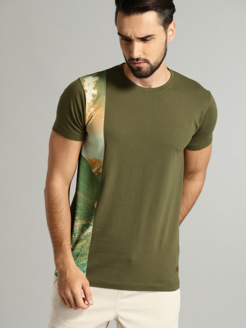 

Roadster Men Olive Green Printed Round Neck T-shirt