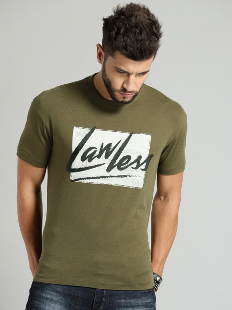 

Roadster Men Olive Green Printed Round Neck T-shirt