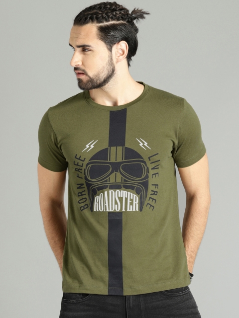 

Roadster Men Olive Green Printed Round Neck T-shirt