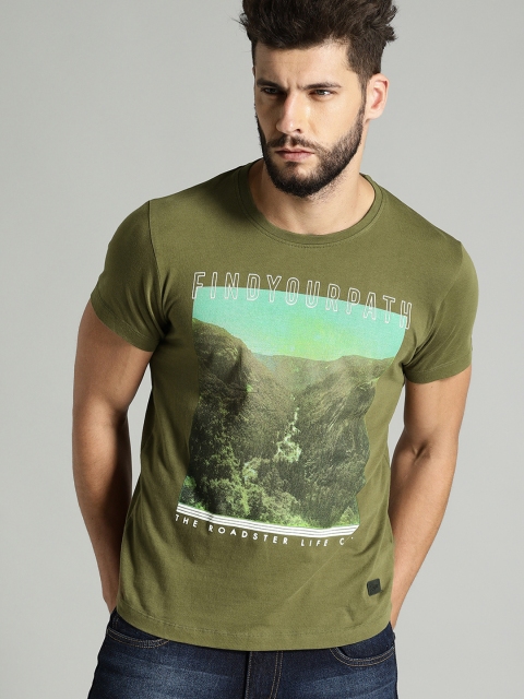 

Roadster Men Olive Green Printed Round Neck Pure Cotton T-shirt