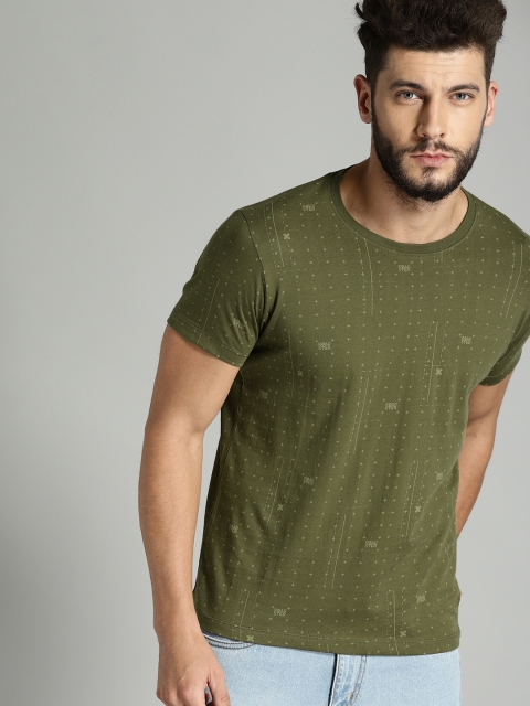 

Roadster Men Olive Green Geometric Printed Round Neck T-shirt