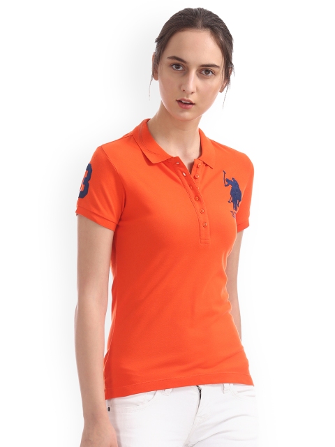 

U.S. Polo Assn. Women Orange Solid V-Neck T-shirt
