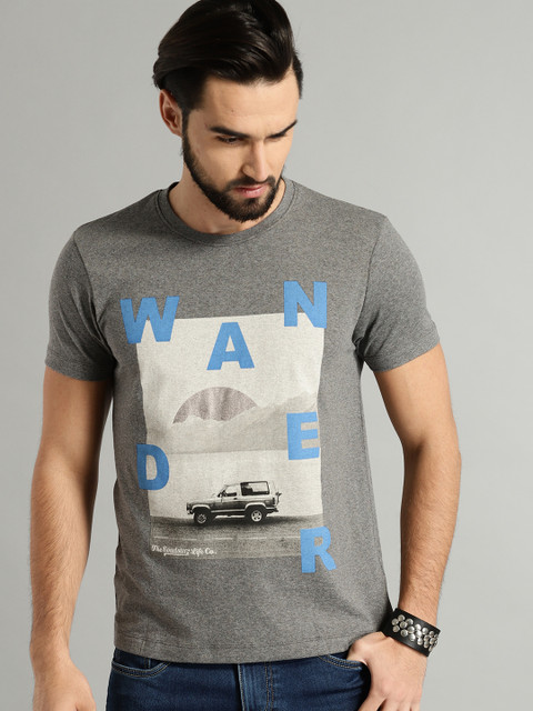 

Roadster Men Grey Printed Round Neck T-shirt