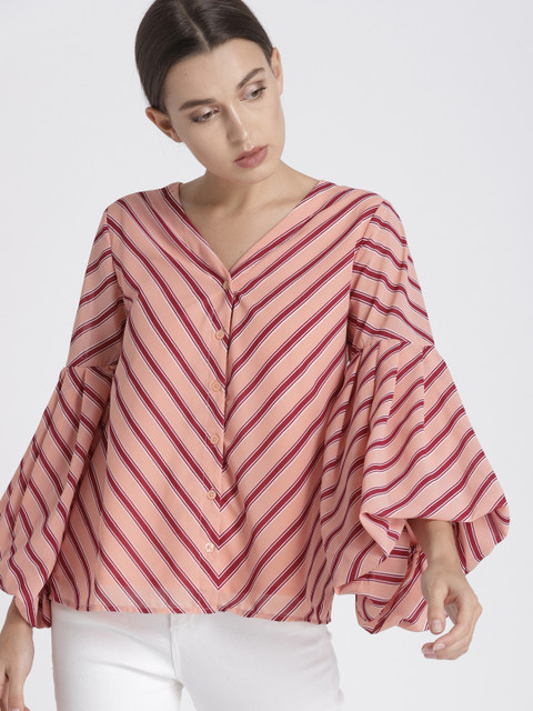 

Chemistry Women Peach-Coloured Striped Shirt Style Top