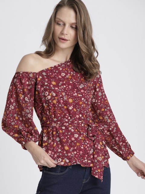 

Chemistry Women Maroon Printed A-Line One-Shoulder Top