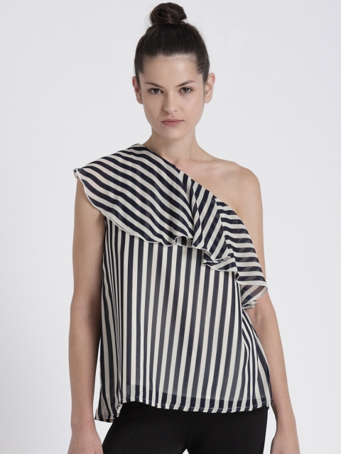 

Chemistry Women Navy Blue & Off-White Striped Layered Top