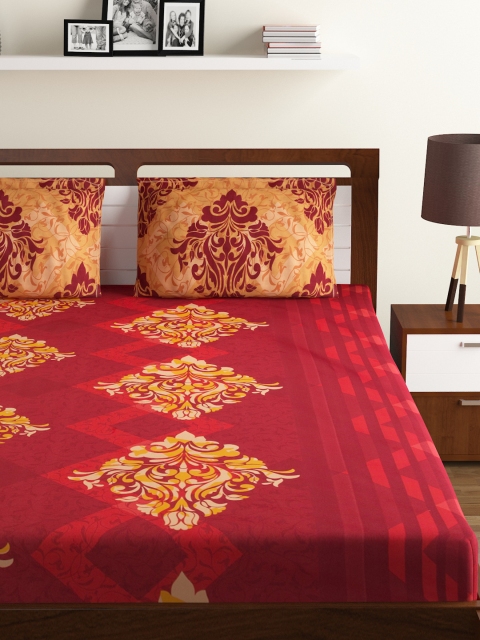 

BOMBAY DYEING Maroon & Yellow Floral Flat 120 TC Cotton 1 King Bedsheet with 2 Pillow Covers