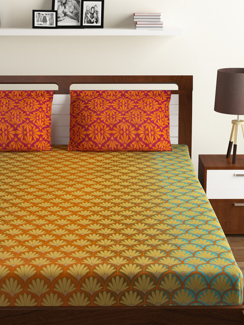 

BOMBAY DYEING Yellow & Multicoloured Floral Flat 120 TC Cotton 1 King Bedsheet with 2 Pillow Covers