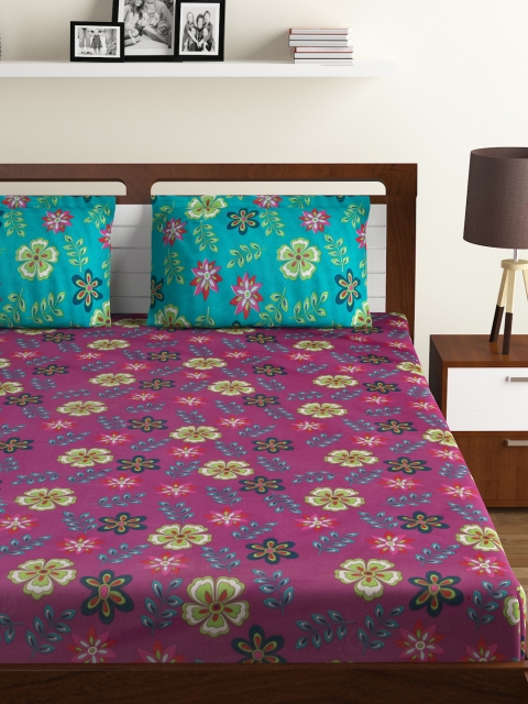 

BOMBAY DYEING Purple & Turquoise Blue Floral Flat 120 TC Cotton 1 King Bedsheet with 2 Pillow Covers