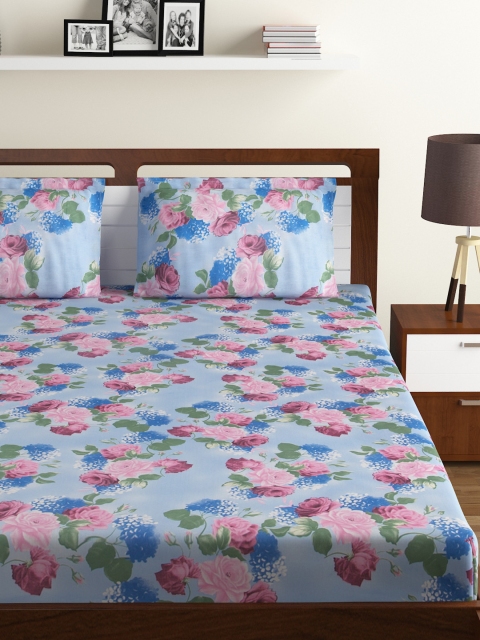 

BOMBAY DYEING Blue & Pink Floral Flat 120 TC Cotton 1 King Bedsheet with 2 Pillow Covers
