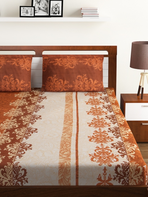 

BOMBAY DYEING Brown & Off-White Floral Flat 130 TC Polycotton 1 King Bedsheet with 2 Pillow Covers