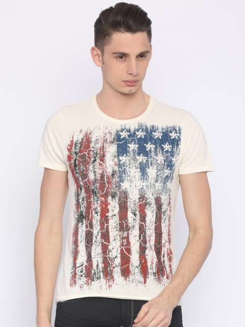 

Ed Hardy Men Cream Printed Slim Fit Round Neck Pure Cotton T-shirt