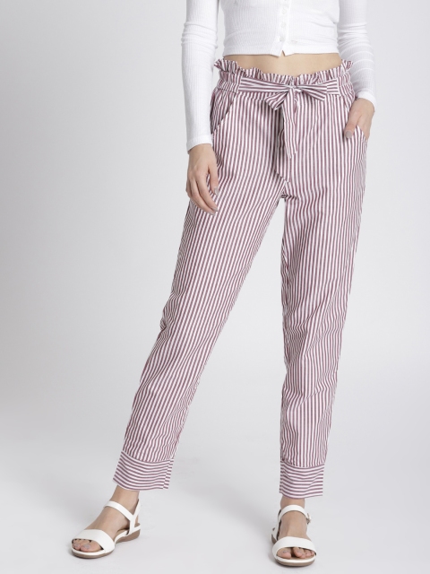 

Chemistry Women Maroon & White Regular Fit Striped Cigarette Trousers