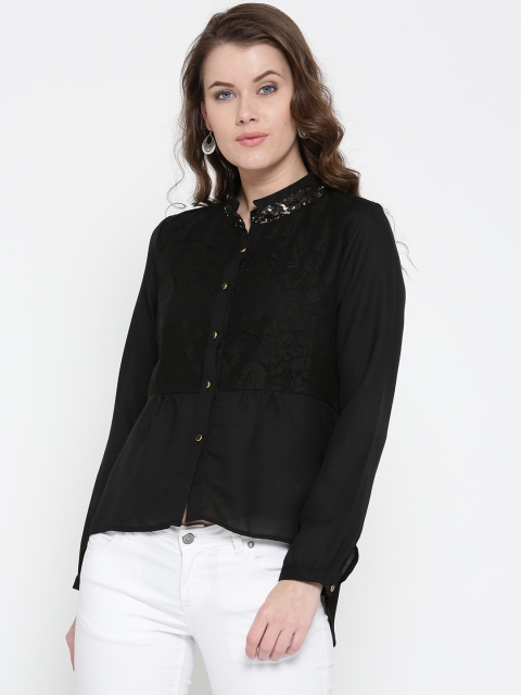 

OPt Women Black Self Design Casual Shirt