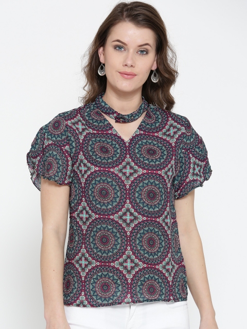 

OPt Women Navy & Pink Printed Top, Navy blue