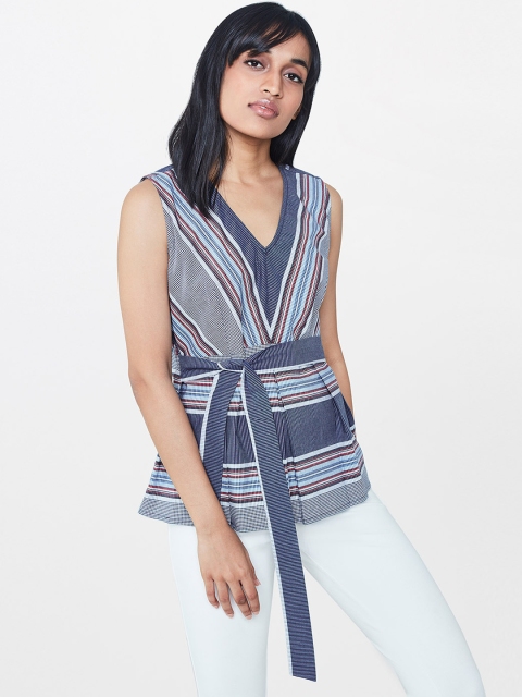 

AND Women Blue Checked Pure Cotton Top