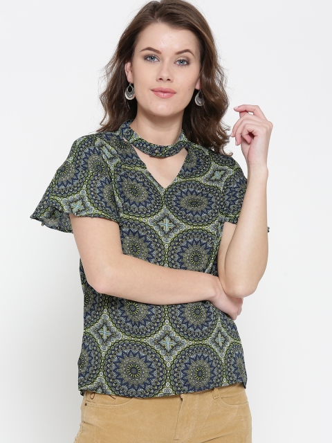 

OPt Women Green & Navy Printed Top