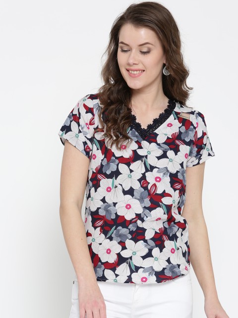 

OPt Women Navy & Off-White Floral Print Top, Navy blue