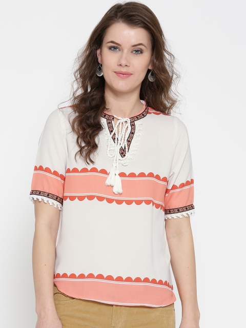 

OPt Women Off-White & Peach-Coloured Printed Top