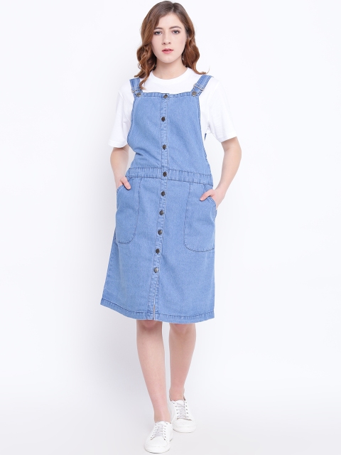 

AND Women Blue Solid Denim Pinafore Dress