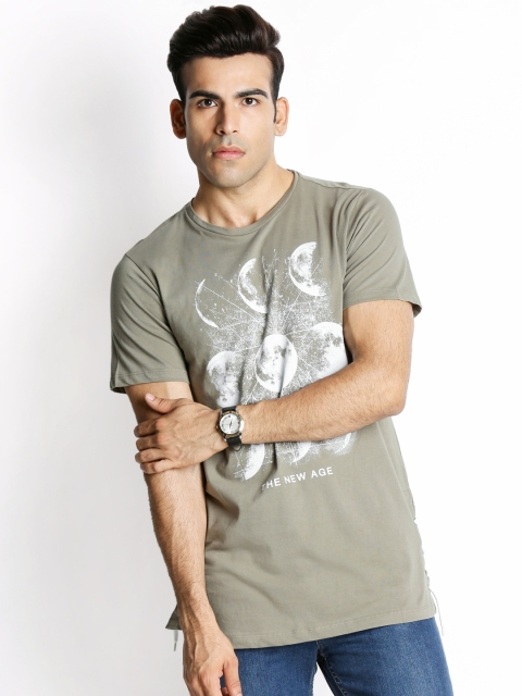 

SF JEANS by Pantaloons Men Olive Green Printed Round Neck Pure Cotton T-shirt