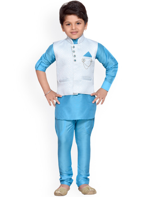 

Aj DEZInES Boys Turquoise Blue Self Design Kurta with Pyjamas
