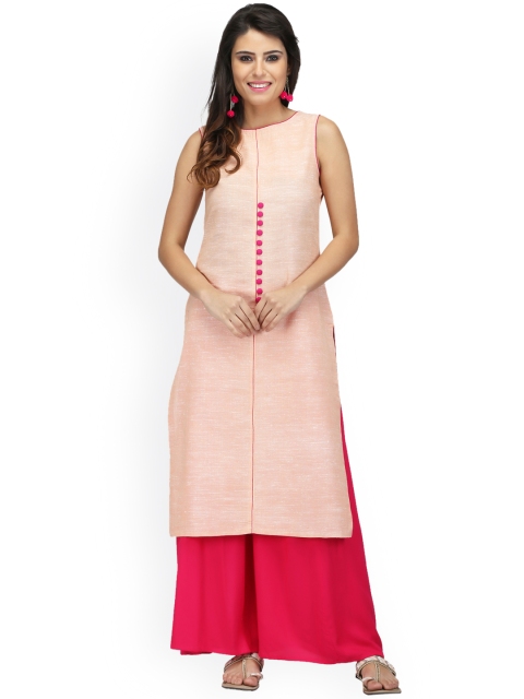 

Abhishti Women Peach-Coloured Solid Straight Kurta with Cut-Out Detail