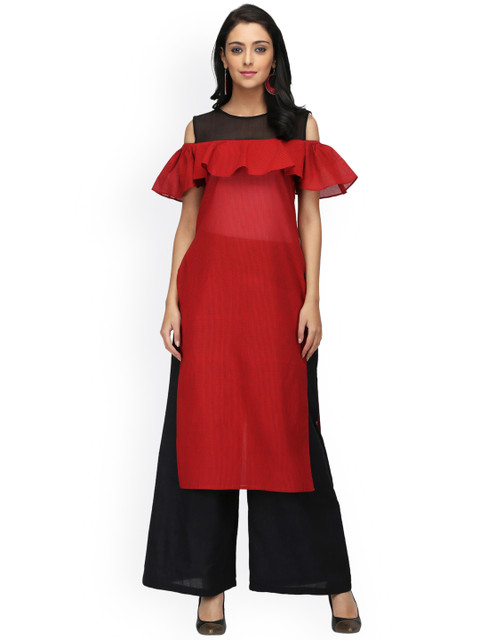 

Abhishti Women Red & Black Striped Cold-Shoulder Straight Kurta