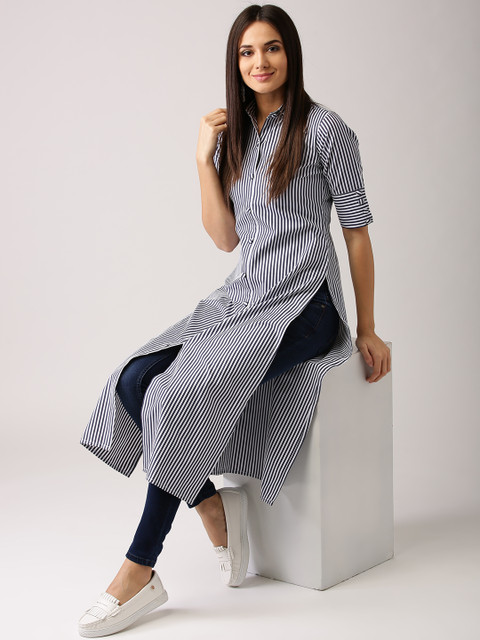 

Libas Women Navy & White Striped Straight Kurta, Navy blue