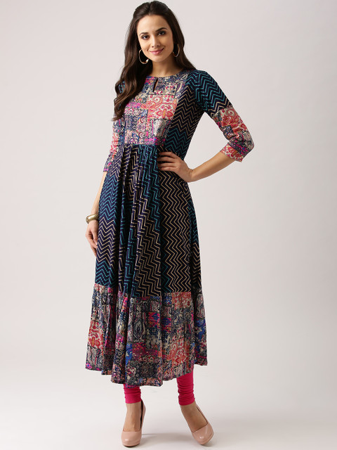 

Libas Women Navy Blue & Sea Green Printed Anarkali Kurta