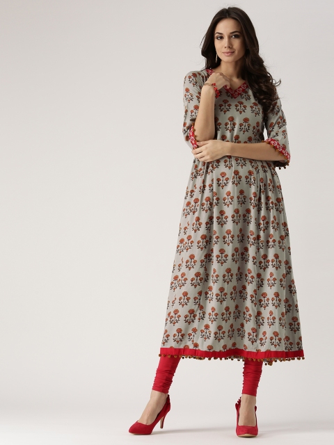

Libas Women Grey & Red Printed A-Line Kurta