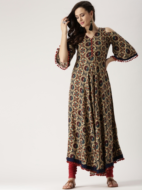 

Libas Women Beige & Navy Blue Printed Cold Shoulder Anarkali Kurta