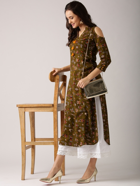 

Libas Women Olive Green & Beige Printed Cold Shoulder Straight Kurta