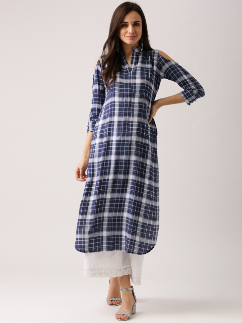 

Libas Women Navy Blue & Off-White Checked Straight Kurta