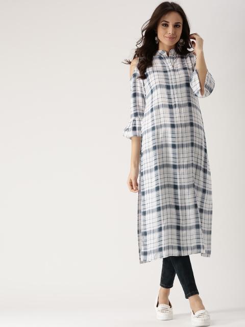 

Libas Women White & Navy Blue Cold Shoulder Checked Straight Kurta