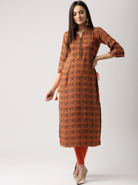 

Libas Women Orange & Beige Printed Straight Kurta
