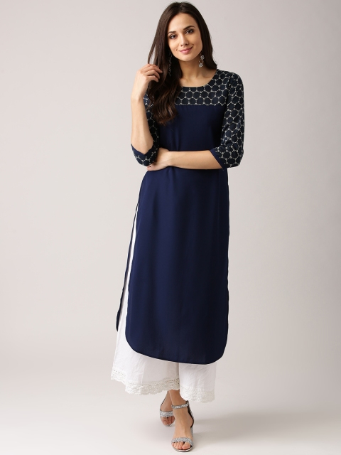

Libas Women Navy Blue Printed Detail Crepe Straight Kurta