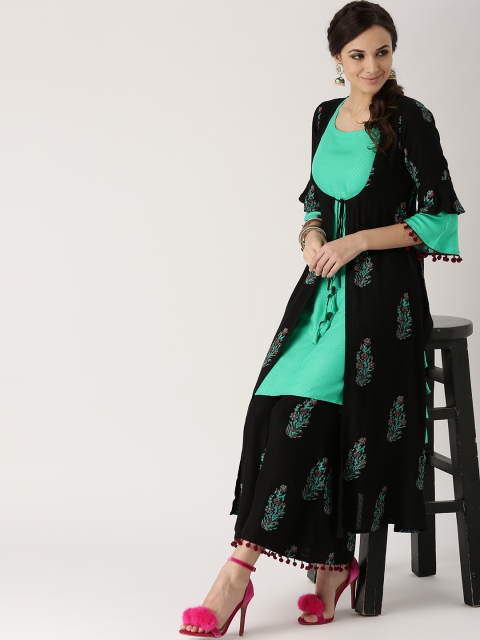 

Libas Women Black & Sea Green Printed Kurta with Palazzos